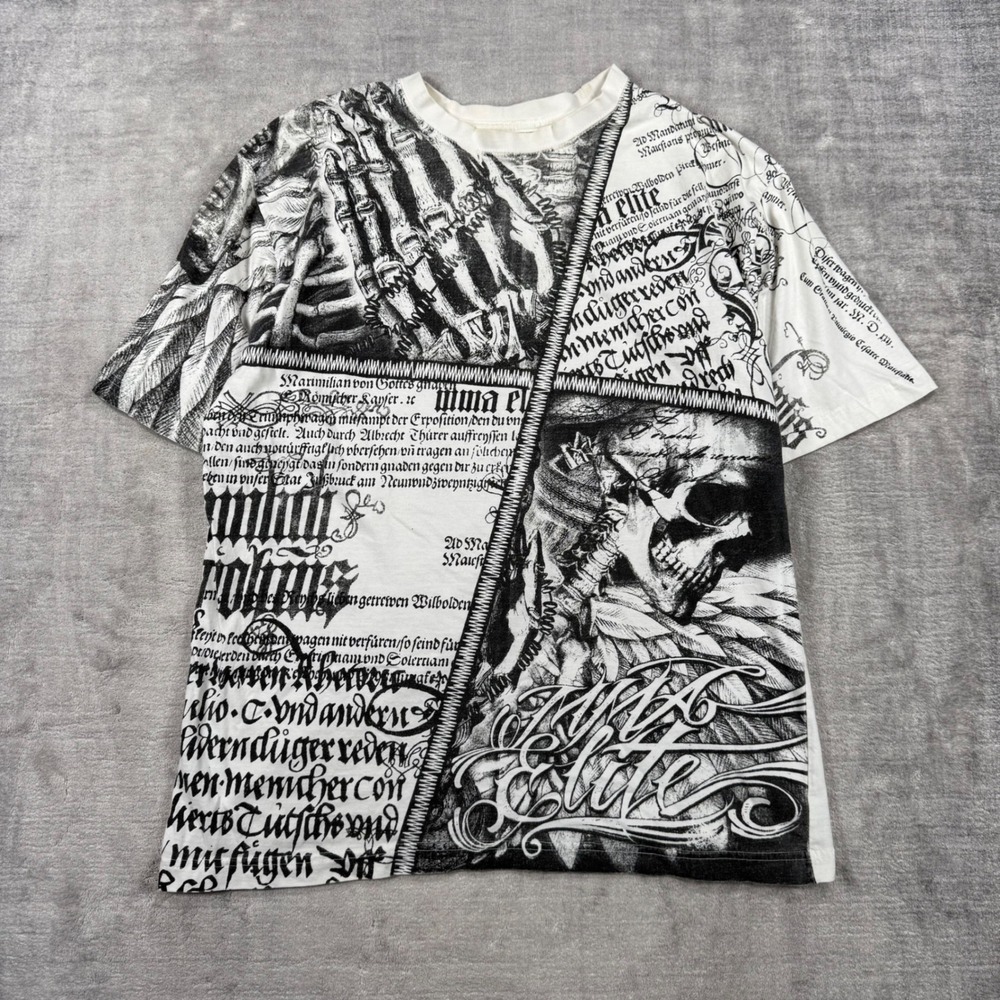 MMA Elite Shirt Mens Medium White Black Skull Gothic Mega Print Y2K Tattoo
